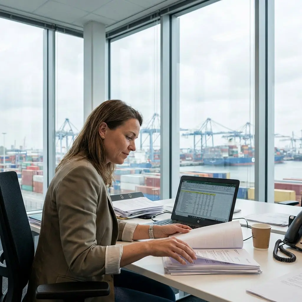 Woman in a beige blazer leafing through a stack of documents beside a laptop showing a spreadsheet, at a desk overlooking a container port with cranes and cargo ships.